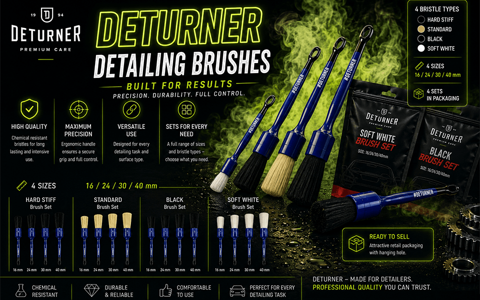DETURNER DETAILING BRUSH SET - DETAILING PINSEL 16/24/30 mm für präzise Fahrzeugreinigung, sanfte Borsten, ergonomischer Griff